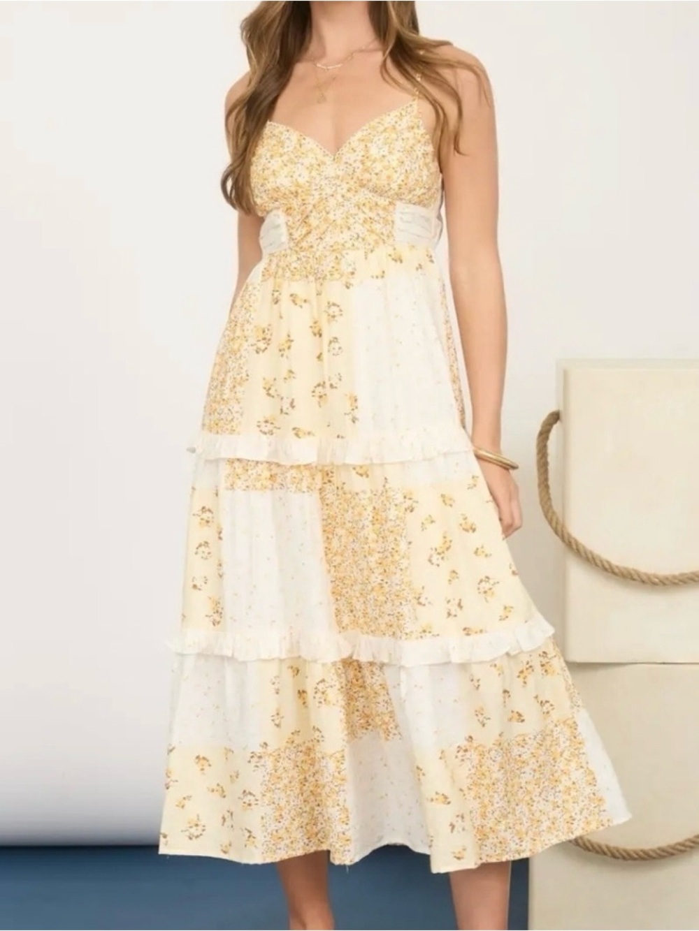 Blu Pepper Patchwork Floral Tiered Midi Dress